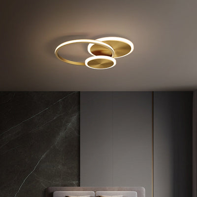 Modern Minimalist Triple Circle Full Copper Acrylic LED Flush Mount Ceiling Light For Bedroom