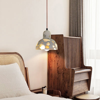 Modern Minimalist Round Hemisphere Cement Solid Wood 1-Light Pendant Light For Bedroom