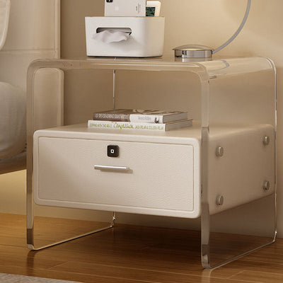 Modern Minimalist Cubic Rectangular Acrylic Wood Metal Nightstand 1-Drawer For Bedside