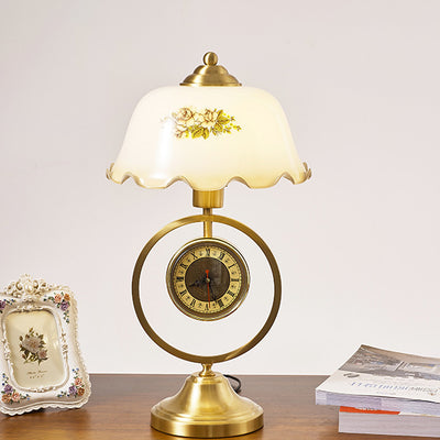 Contemporary Retro Ruffled Glass Shade Antique Copper Clock Base 1-Light Table Lamp For Home Office