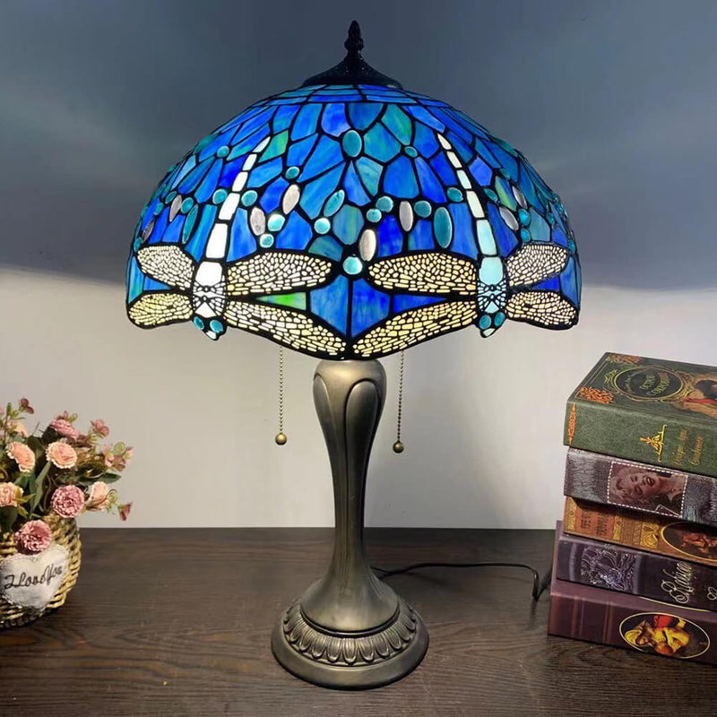 Traditional Tiffany Umbrella Flower Dragonfly Alloy Stained Glass 2-Light Table Lamp For Bedroom