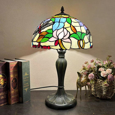 Traditional Tiffany Round Dome Flower Alloy Stained Glass 1-Light Table Lamp For Living Room