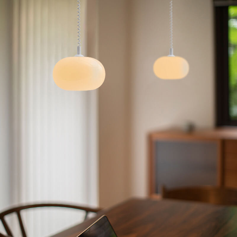 Modern Simple Cream White Round Glass Lift 1-Light Pendant Light