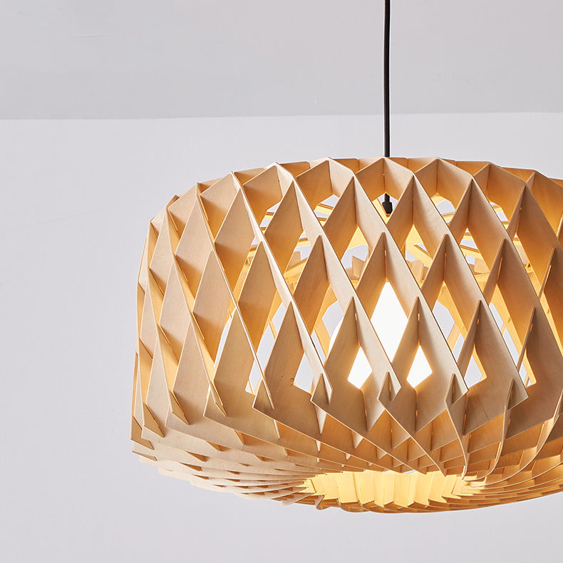 Modern Minimalist Round Diamond Solid Wood Skeleton 1-Light Pendant Light For Living Room