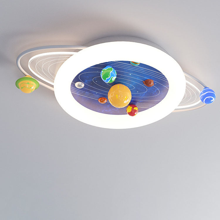 Contemporary Creative Kids Round Planet Acrylic Iron LED Flush Mount Ceiling Light For Bedroom