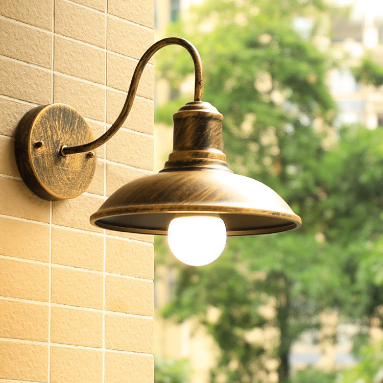 Contemporary Industrial Curved Pole Round Pot Lid Iron 1-Light Wall Sconce Lamp For Outdoor Patio