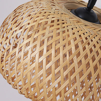 Traditional Chinese Curved Pole Round Mesh Shade Iron Bamboo 1-Light Table Lamp For Bedroom