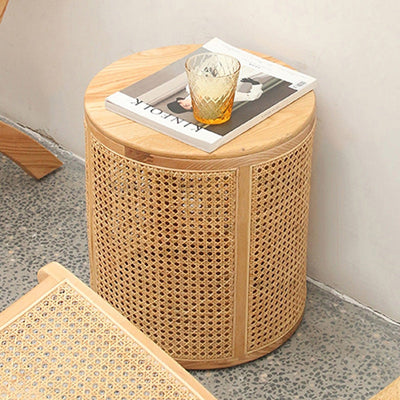 Contemporary Scandinavian Cylindrical Wood Rattan Coffee Table For Living Room