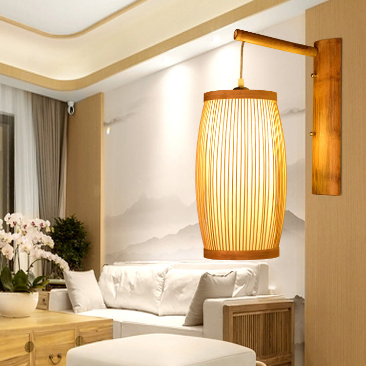 Traditional Japanese Cubic Bamboo 1-Light Wall Sconce Lamp For Living Room