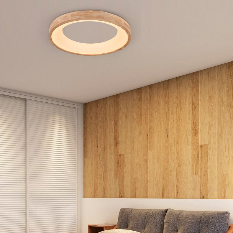 Modern Minimalist Ring Acrylic Oak LED Flush Mount Ceiling Light For Living Room