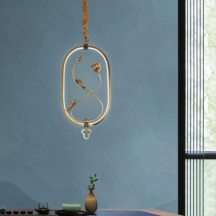 Traditional Chinese Oval Dendritic Flower Full Copper Ceramic LED Pendant Light For Living Room