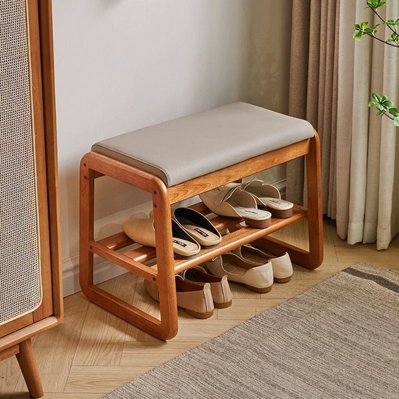 Modern Minimalist Rectangular Solid Wood Leather Shoe Storage Benches For Entryways