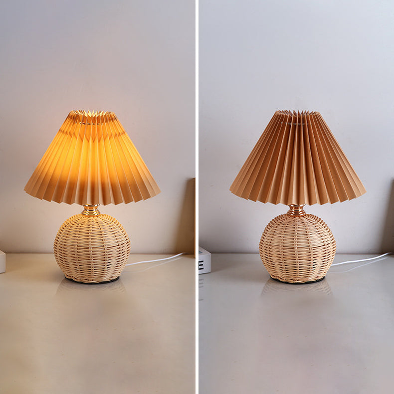 Contemporary Nordic Rattan Fabric Pleated Conic Ball LED Table Lamp For Bedroom