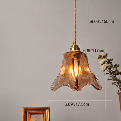 Contemporary Retro Brass Geometric Square Amber Glass Shade 1-Light Pendant Light For Living Room