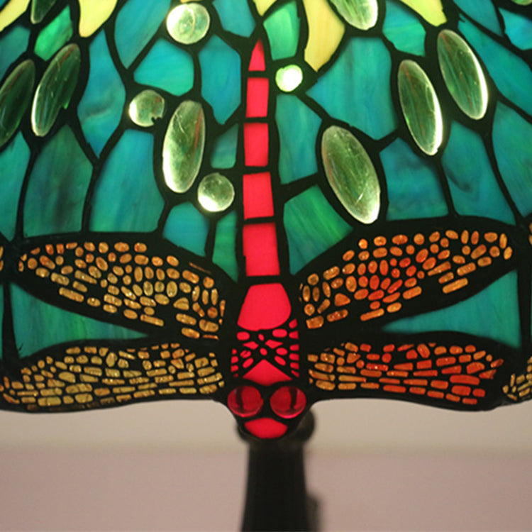 Traditional Tiffany Stained Glass Animal Dragonfly Pattern Zinc Alloy Base 1-Light Table Lamp For Bedroom