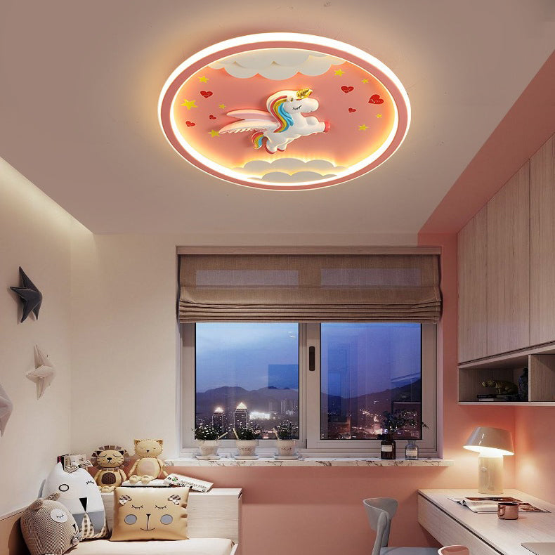 Contemporary Creative Cartoon Fighter Unicorn Resin Acrylic LED Kids Flush Mount Ceiling Light For Bedroom