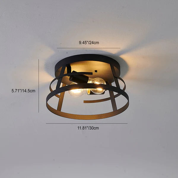 Industrial Minimalist Matte Black Circle Wrought Iron 2-Light Flush Mount Ceiling Light