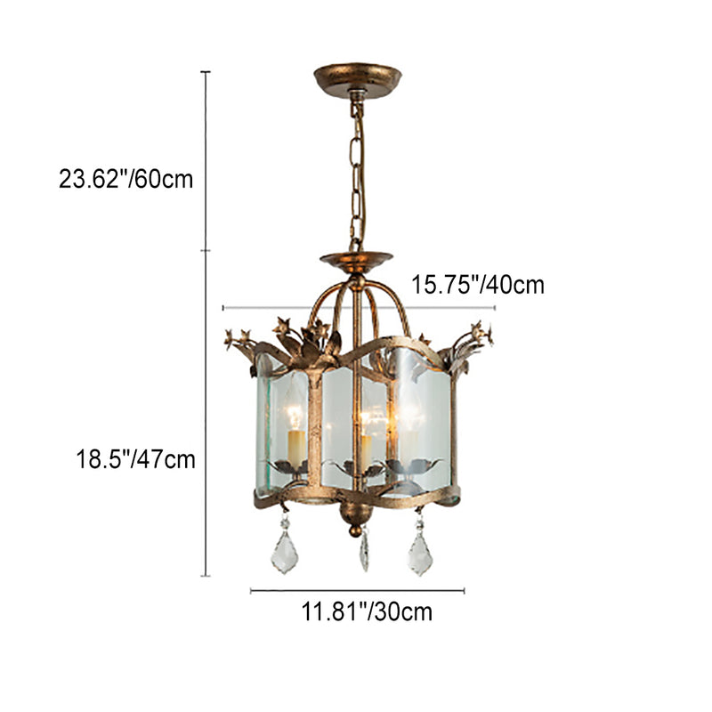 Traditional Vintage Round Floral Iron Crystal Glass 3/6 Light Pendant Light For Living Room