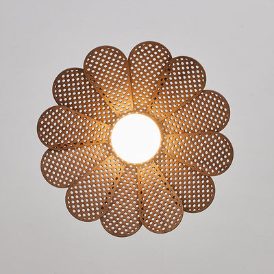 Traditional Japanese Round Flower Wood 1-Light Pendant Light For Living Room