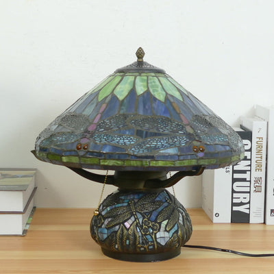 Traditional Tiffany Iron Glass Conic Dragonfly Water Lily 2/3 Light Table Lamp For Study