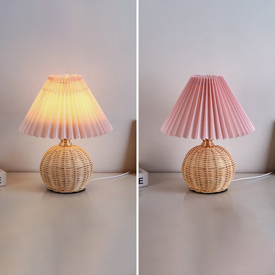 Contemporary Nordic Rattan Fabric Pleated Conic Ball LED Table Lamp For Bedroom