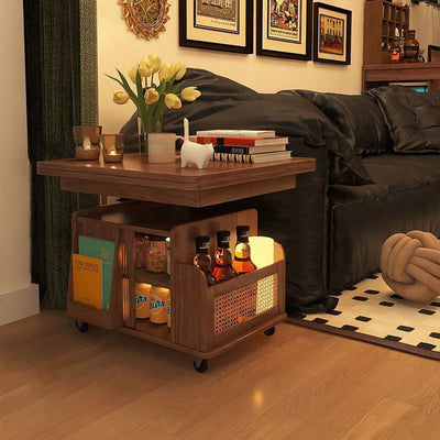 Contemporary Retro Wood Rectangular Collapsible Coffee Table On Casters Storage Cabinets For Living Room