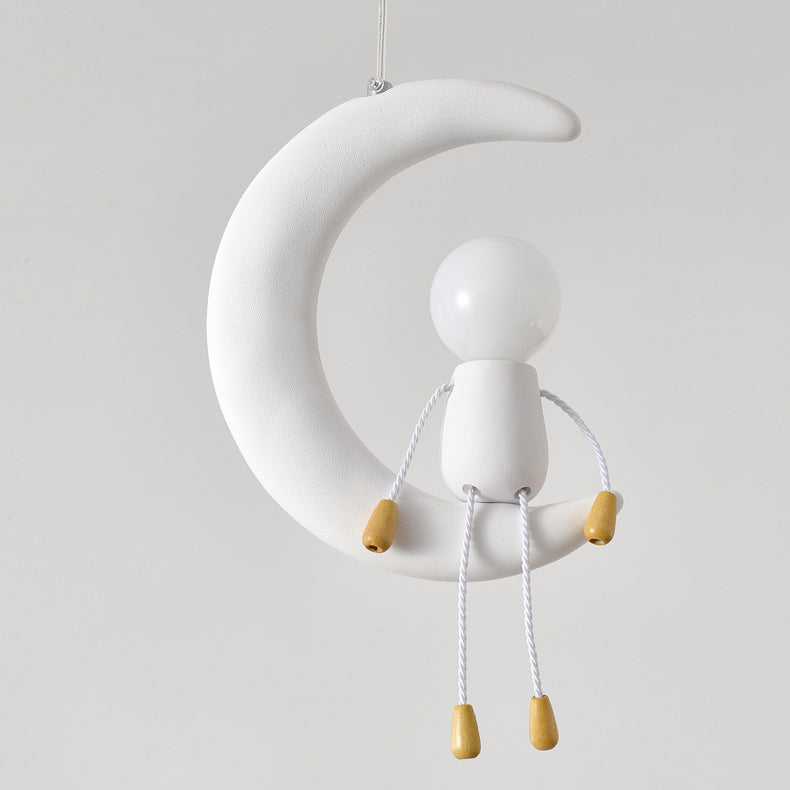 Contemporary Nordic Kids Iron Resin Glass Moon Doll 1-Light Pendant Light For Bedside