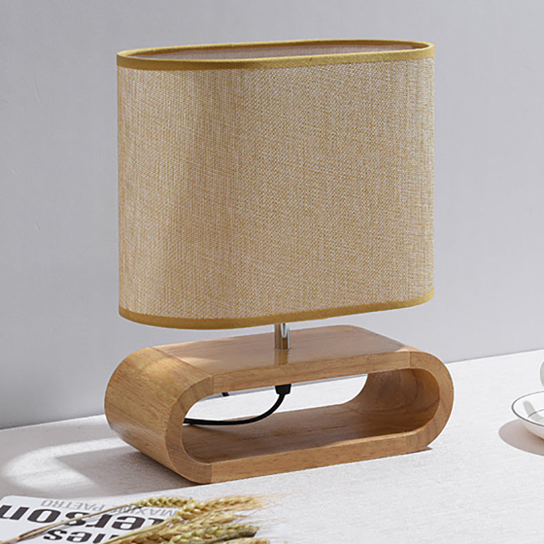 Contemporary Nordic Wood Fabric Cylinder Elliptical 1-Light Table Lamp For Study