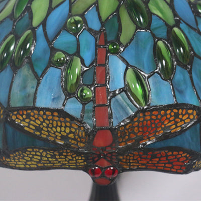 Traditional Tiffany Stained Glass Animal Dragonfly Pattern Zinc Alloy Base 1-Light Table Lamp For Bedroom