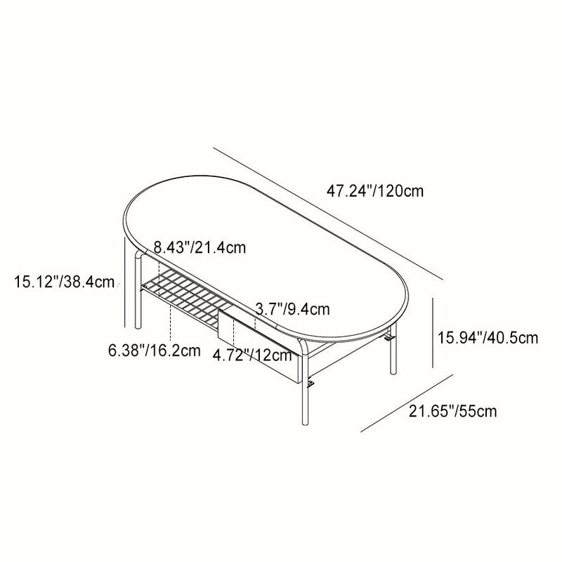 Contemporary Retro Elliptical Pine Wood Cherry Wood Stainless Steel Coffee Table 2-Tier For Living Room