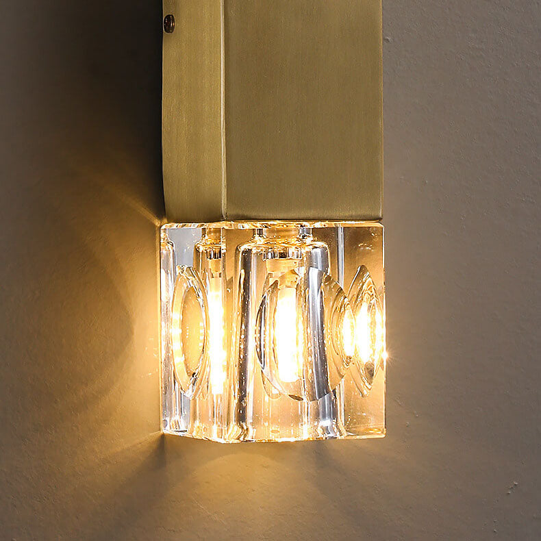 Minimalist Light Crystal Square Column Brass 2-Light Wall Sconce Lamp