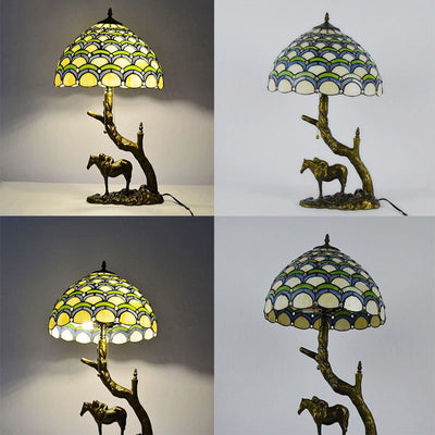 Traditional Tiffany Resin Glass Dome Conic Hemispheric Branch Horse Base 2-Light Table Lamp For Study