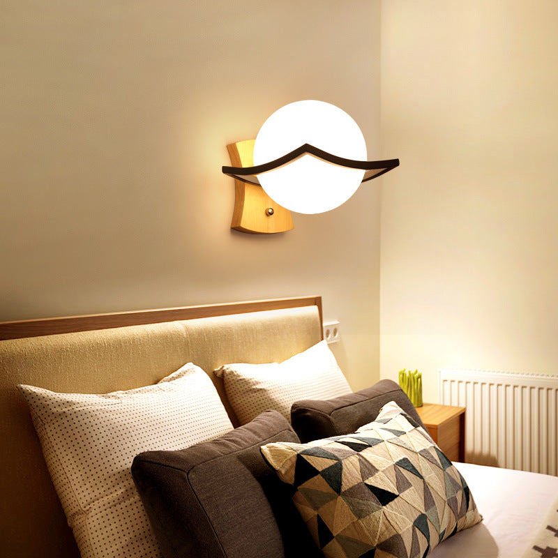 Modern Minimalist Spherical Wood Glass 1-Light Wall Sconce Lamp For Bedroom