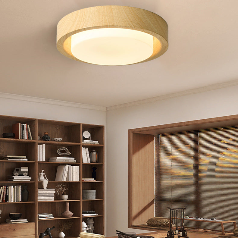 Traditional Japanese Round Glass Wood Grain LED Flush Mount Ceiling Light For Bedroom