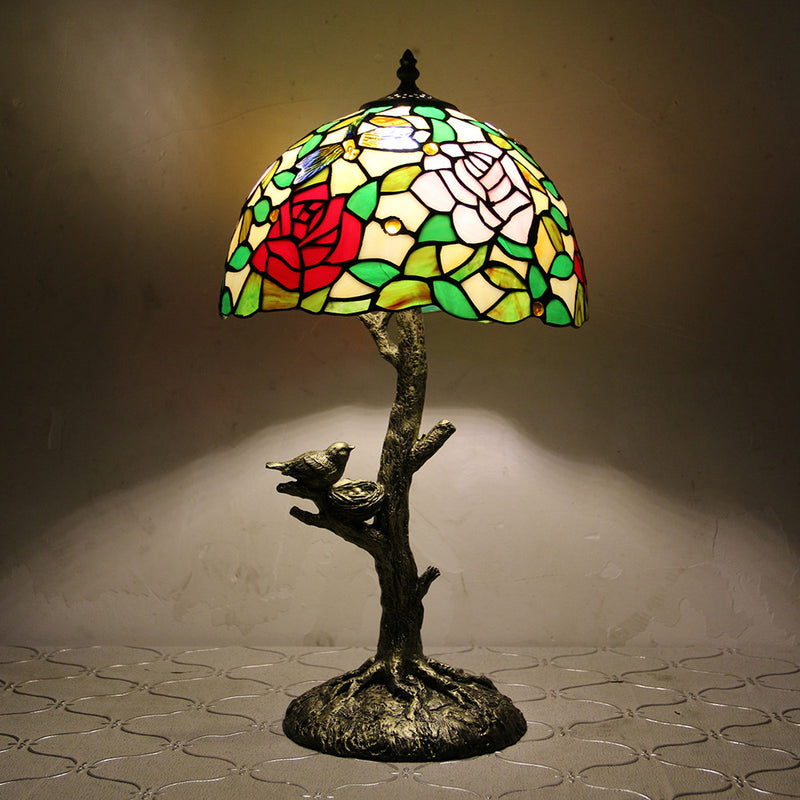 Traditional Tiffany Dome Flower Hardware Stained Glass 1-Light Table Lamp For Bedroom