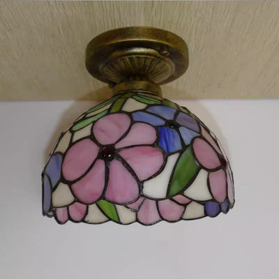 Traditional Tiffany Dome Iron Glass 1-Light Semi-Flush Mount Ceiling Light For Living Room