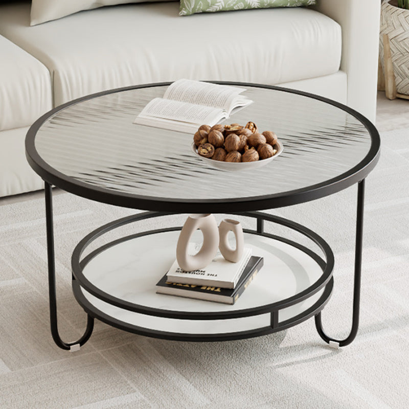 Modern Simplicity Round Striped Glass Slab Metal Coffee Table 2-Tier For Living Room