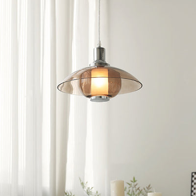 Contemporary Nordic Amber Glass Disc Iron 1-Light Pendant Light For Living Room