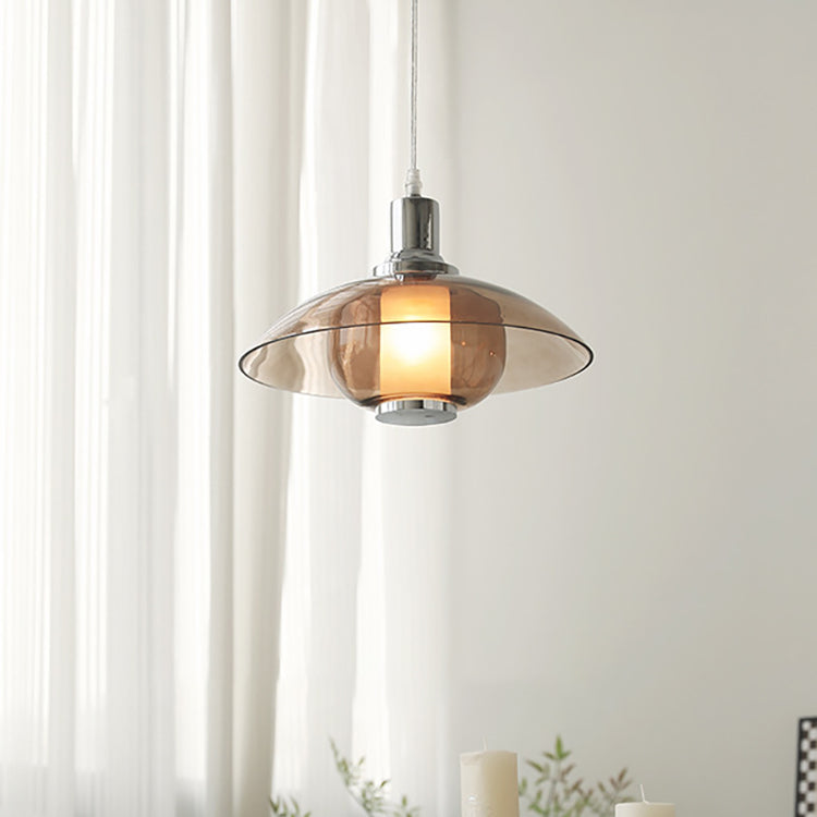 Contemporary Nordic Amber Glass Disc Iron 1-Light Pendant Light For Living Room