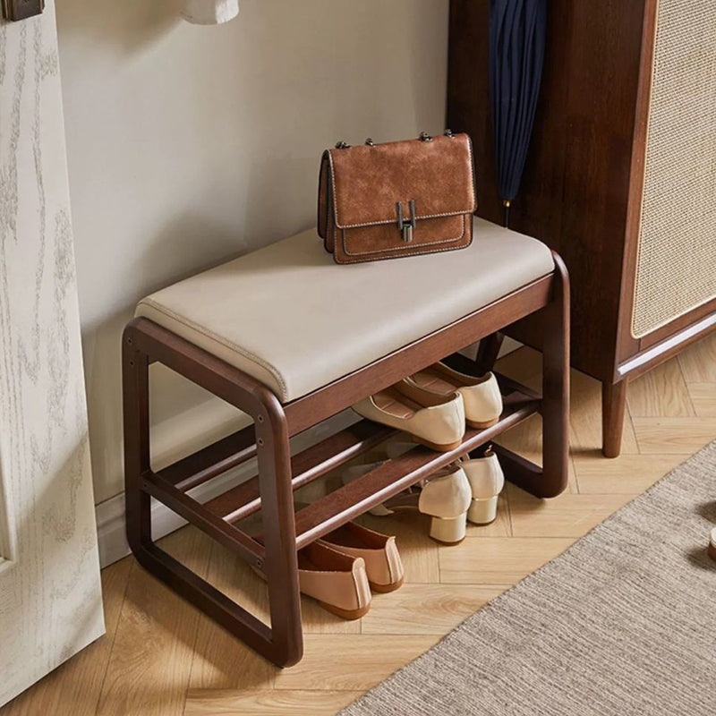 Modern Minimalist Rectangular Solid Wood Leather Shoe Storage Benches For Entryways