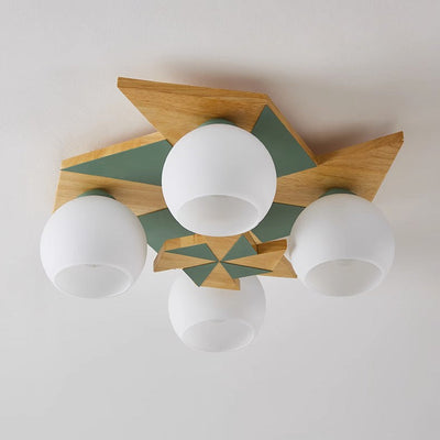 Contemporary Creative Windmill Orb Wood Iron Glass 4-Light Flush Mount Ceiling Light For Bedroom