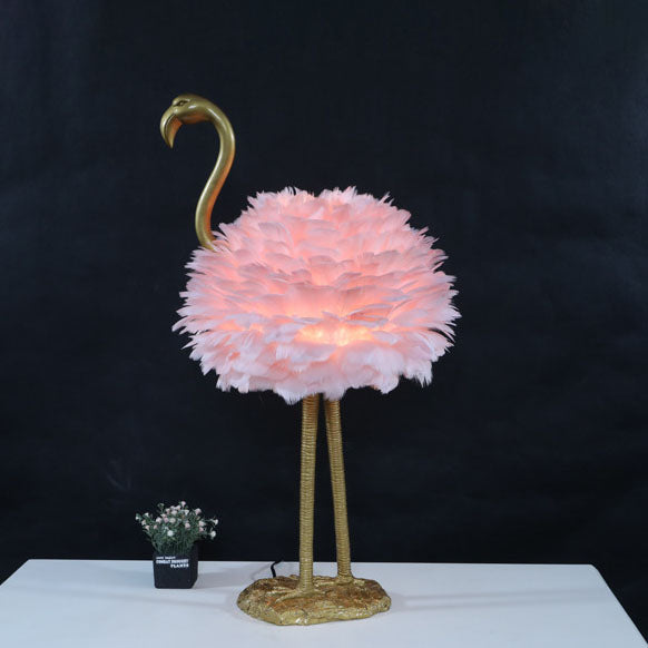 Contemporary Nordic Goose Feather Metal Flamingo Ball 1-Light Table Lamp For Bedside