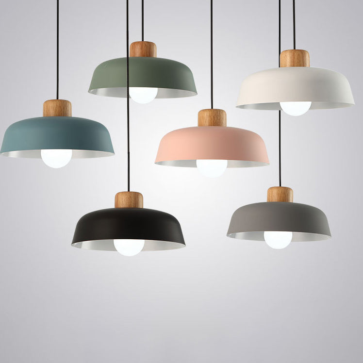 Contemporary Scandinavian Round Bowl Metal Rubber Wood 1-Light Pendant Light For Dining Room