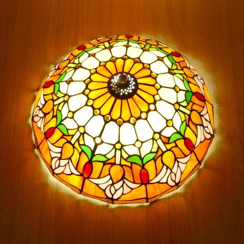 Traditional Tiffany Tulip Stained Glass Iron Dome 2/3-Light Flush Mount Ceiling Light For Living Room