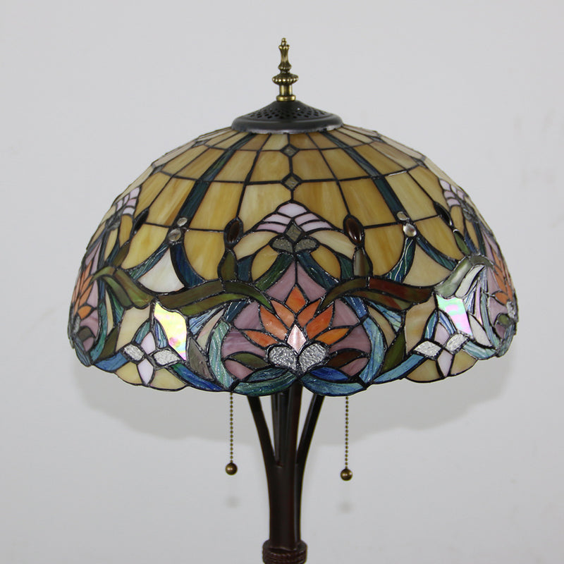 Traditional Tiffany Resin Glass Semicircular Dome Cow Diamond Flower 2-Light Standing Floor Lamp For Dining Room