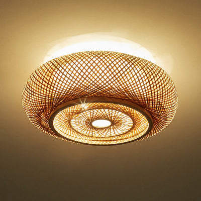 Traditional Vintage Round Skeleton Bamboo PVC 1-Light Flush Mount Ceiling Light For Living Room