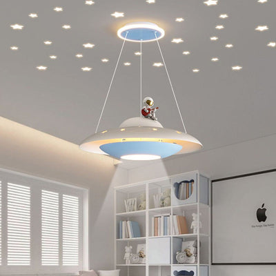 Modern Art Deco Kids Iron Acrylic UFO Spaceship Astronaut Round LED Pendant Light For Bedroom