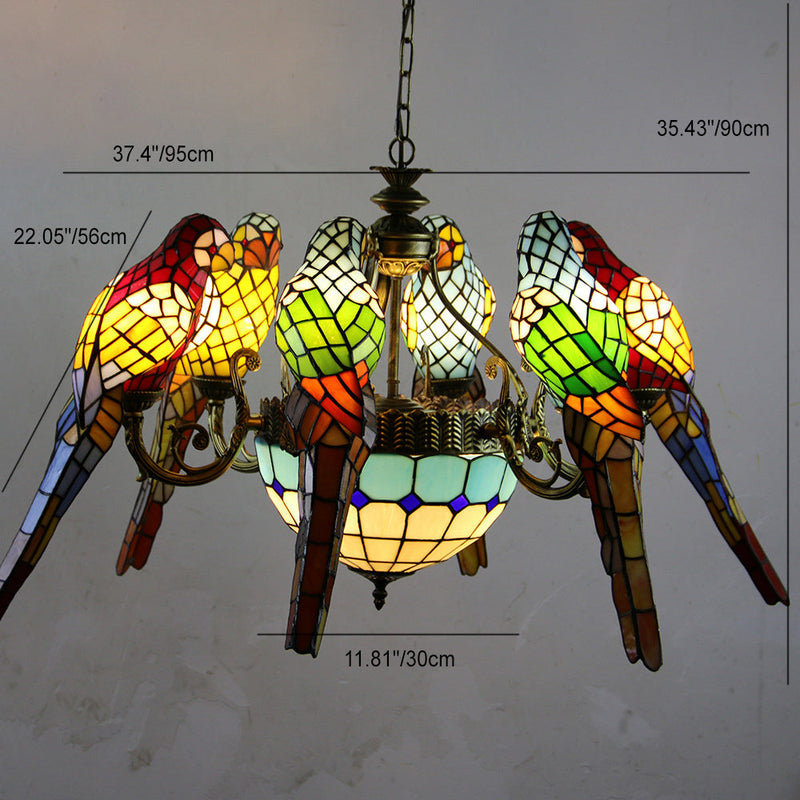 Traditional Tiffany Dome Parrot Alloy Stained Glass 8-Light Chandelier For Living Room