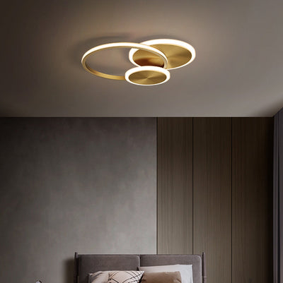 Modern Minimalist Triple Circle Full Copper Acrylic LED Flush Mount Ceiling Light For Bedroom