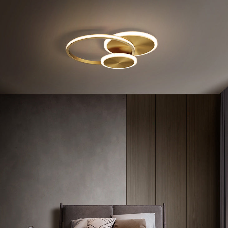 Modern Minimalist Triple Circle Full Copper Acrylic LED Flush Mount Ceiling Light For Bedroom